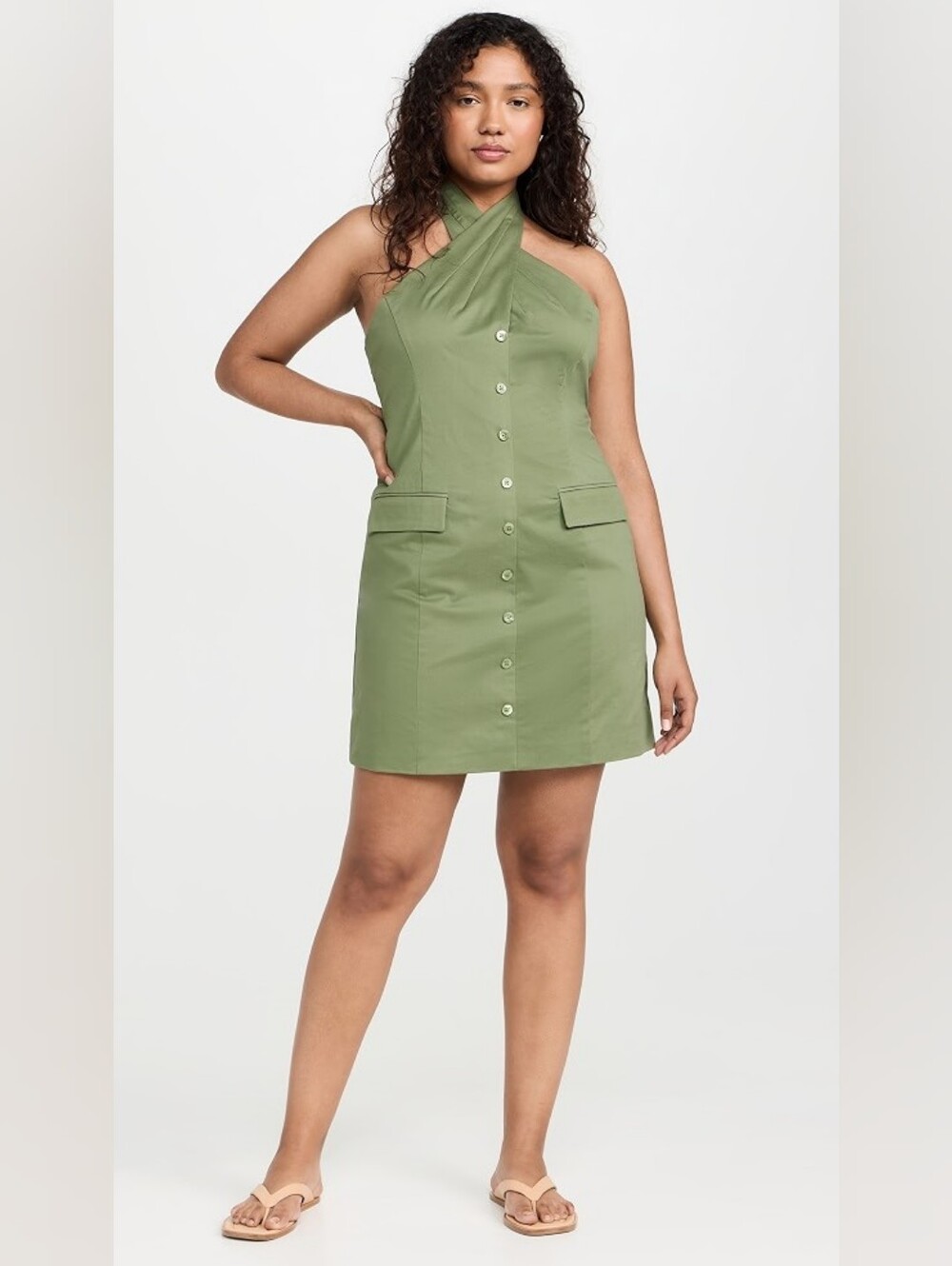 STAUD Haven Halter Mini Dress Moss Olive Green Button Down Twill Size 10